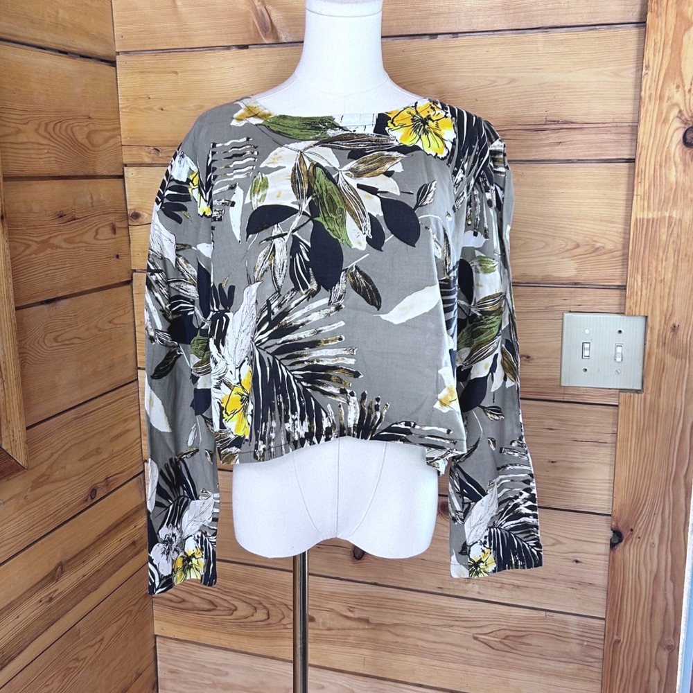 Handmade Floral Cotton Crop Top Women Large Olive Yellow Botanical Bell Sleeve